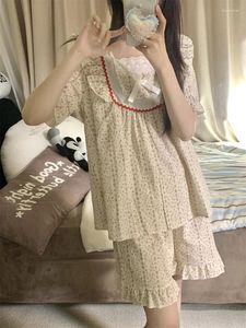 Home Clothing Printing Cute Soft Floral Flowers Summer Lace Short Sleeve Pajama Set Women Real Images Holiday Half Pants Korean Sleepwear