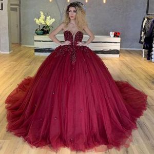 Burgundy Ball Gown Princess Quinceanera Dresses Sweetheart Lace Appliques Beaded Sweep Train Tulle Lace-up Back Formal Evening Gowns Pa 2659