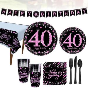 Disposable Dinnerware 114pcs In 1 Set Black Silver And Pink Theme Bunting Banner Table Cloth Fashion Paper Cup Plates