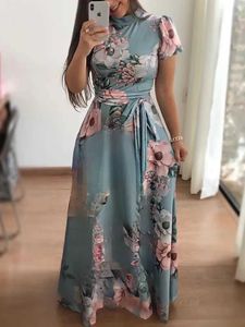 Sommer Boho Blumendruck Langes Kleid Kurzarm Tunika Maxi Kleid Frauen Mode Abendpartykleid