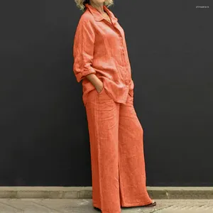 女性用2ピースパンツ2PC/セット秋の女性ソリッドカラーカジュアルアウトフィットラペル長袖シングルブレストシャツ弾性ウエストポケット幅