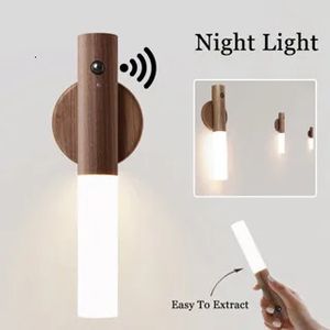 LED Wood USB Night Light Magnetic Wall Lamp Kitchen Cabinet Closet Light Home Staircase Bedroom Table Move Lamp Bedside Lighting 240507