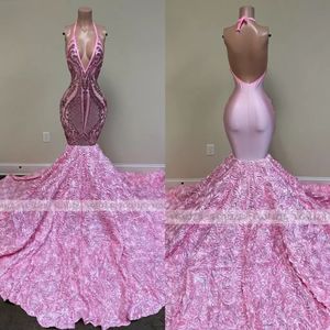 Long Prom Dresses Mermaid 2022 Black Girls 스팽글 섹시한 등이없는 고삐 3D 꽃 아프리카 여성 공식 이브닝 파티 가운 299c