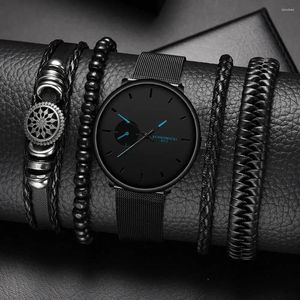 Redes de punho 5pcs Moda masculina Ultra Fin Business Three Eyes Eyes Digital Azel Mesh com quartzo Vista Luxury Simples Leather Bracelet Set