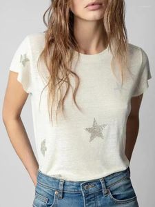 Camisetas femininas super chiques padrão de estrela de estrela Diamond Camiseta redonda pescoço curto de manga curta Tops de algodão Mulheres de alta moda