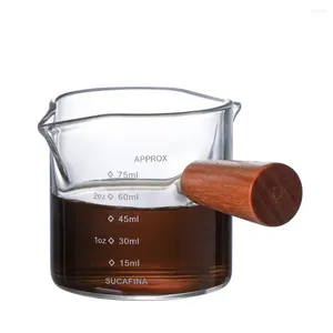 ワイングラスウッドハンドルガラスエスプレッソ測定カップダブル/シングルマウスミルクジャグコーヒー用品クリアキッチンメジャーマグカップ