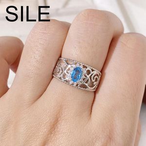 Klusterringar Sile Hollow Out Geometric Floral Women Wedding Party Fine Jewelry Natural Gemstone Blue Topaz 925 Silver justerbar