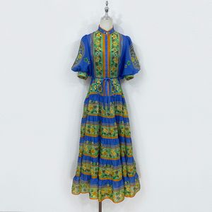 Womens Dress Fashion band blue linen short sleeve stand collar floral printed midi dress