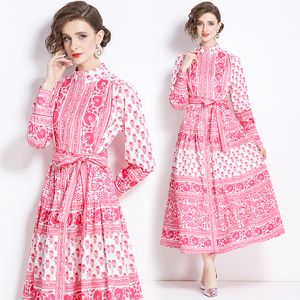 Designer Vintage Floral Long Dresses Women Full Sleeve Button Down Paryty Maxi Shirt Dresses Elegant Mock Neck A-Line Casual Office Cocktail Robes Clothes For Ladies