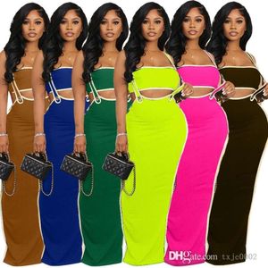 مصمم فساتين النساء 2024 تنورة حزام جديدة مخططة الخزان أعلى فستان طويل فستان مثير مثيرة من قطعتين من قطعتين 6 ألوان