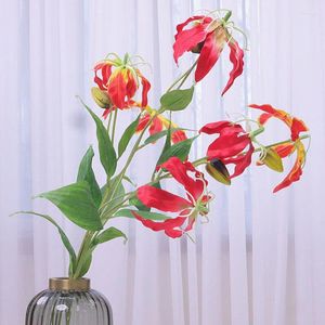 Decorative Flowers 3Heads Flame Lily Long Branch Artificial Home Decor Party Wedding Decoration Flores Artificiales Valentines Day Gifts