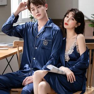 Women's Sleepwear Men&Women Satin Pajamas Set Soft 2 Pieces Shirt&Pants Casual Lounge Wear Summer Lovers Home Clothes Lace Lingerie