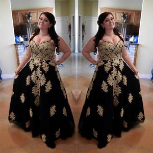 Black With Gold Lace Applique Plus size Prom Evening Dresses Special Ocassion Dresses Gowns Sweetheart A line Tulle Corset Back SD3373 2800