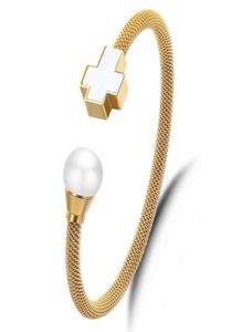 Дамская мода белая жемчужная заклинания золотой проволоки из нержавеющей стали Bracelet Buff Bangle4725589