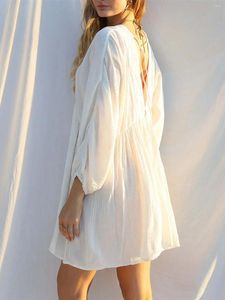 Sexy Long Sleeve V Neck Backless Cotton Tunic Beach Cover Up Cover-ups Dress Wear Beachwear Female Women K5032