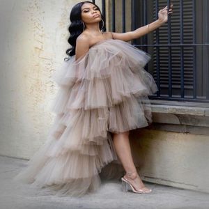 2021 Sexy Ruffles Champagne Tulle Kimono Women Evening Dresses Robe for Photoshoot Puffy Strapless High Low Prom Gowns African Maternit 346L