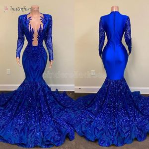 2022 Sparkle Long Evening Dresses Sexy Mermaid Long Sleeve Sheer Neckline Royal Blue Mermaid African Black Girls Prom Gala Gowns B0310 315F