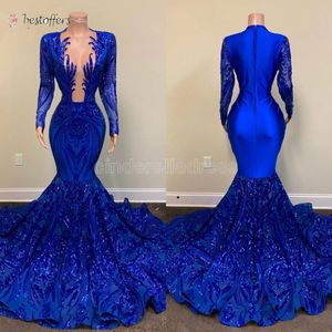 2022 Sparkle Long Night Vestres de noite Sereia sexy Manga longa decote puro decote azul royal Mermaid African Black Girls Gala Prom Gala B0310 315F