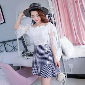 Arbeitskleider Sommer Frauen Blumenspitze Kurzarm Quaste Quaste Mesh Bluse Tops Plaid Trompete hohe Taille Minirock Mode zweiteilige Sets