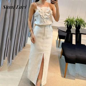 Fashion Flower Camisole Sling Blus Split kjolar Outfits Women Elegant Cotton Linen Solid Suits Casual Fick Two Piece Set 240507