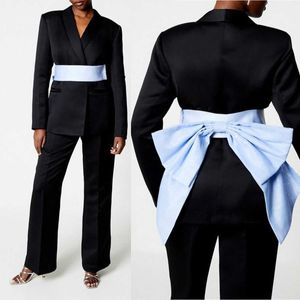 Schwarze Frauenhosen Anzüge mit blauem Bogen 2 Stück maßgeschneiderte schlanke Fit Mutter der Braut Blazer Jacke Gäste tragen lose Hosen