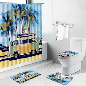 Shower Curtains Seaside Travel Bus Palm Tree Ocean Scenery Curtain Set Sunlight Beach Non-Slip Toilet Cover Rug Bath Mat Bathroom