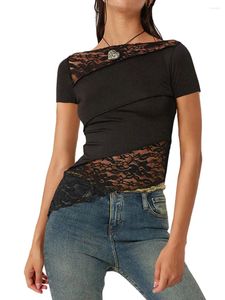 Women's T Shirts Women Short Sleeve Lace Patchwork Asymmetrical Crop Top Y2K Slim Fit T-Shirt Tee Going Out Shirt