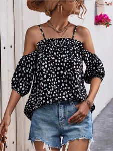 Blouses femininas verão mulheres bolinhas de top shirt moda moda spaghetti tira do ombro babados soltos tops casuais camisetas femininas elegante blusa