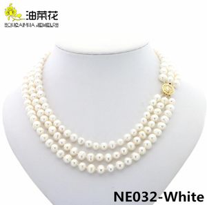 Fashion Charm 3Rows 78mm Natural White Akoya Cultured Pearls Necklace Jewelry Gold Button Woman Wedding Christmas Gift AAA 17194541909