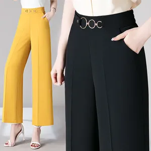 Women's Pants Office Lady Loose Wide Leg Women Spring Summer Casual Pockets Elastic High Waist Commute Trousers Female Straight