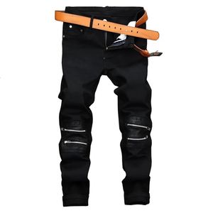Men jeans knähål design denim byxor svart blixtlås lapptäcke rak plus storlek tunt mode manlig droppar 240508