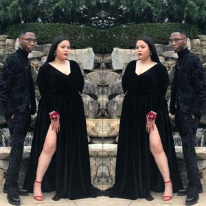 Plus Size Afrikaner schwarzer Samt Lange Abschlussballkleider Full Ärmel formelle Abendkleider Seite Split Party Gala Kleid billige Robe de Soiree SD33 283t