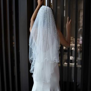Cabelo de casamento Mza32 2 camada véu de casamento com pérolas blushs véus de noiva com o cotovelo onda de onda de onda de lápis Acessórios de casamento macios para noiva
