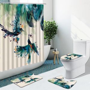 Shower Curtains Painted Bird Feather Retro Butterfly Rose Bathroom Set Curtain Fabric Non-Slip Rugs Flannel Toilet Carpet Cover With Hook