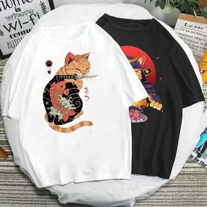 Magliette maschili Catana T camicie anni '90 Vintage Giappone Aesthetics Tops Funny Cartoon Cat Stampa di Cat T Women Men Fashion Short-Slv Ts Samurai Shirt T240510