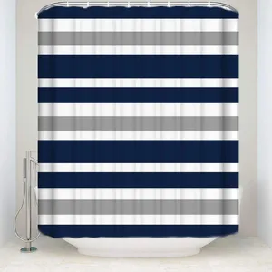 シャワーカーテンデザインネイビーブルーグレーとホワイトキッズバスルームファブリックバスティーンストライプカーテン