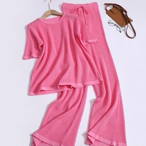 Women's Two Piece Pants Women 2-Piece Summer O Neck Loose Short-sleeved Knitted T-shirt With High Waist Lace-up Wide Leg Casual Fashion Suit