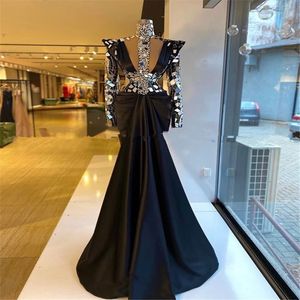 Dubai Black High Neck Crystal Evening Sukienki 2021 Długie rękaw Afrykańska satyna syrena plus size formalne suknie na imprezę balową szatę de soiree 231x