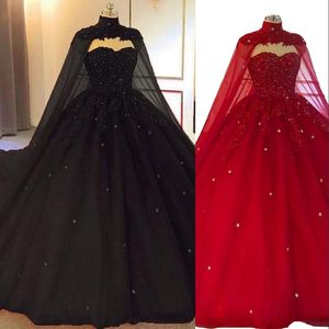 2021 Vintage Luxurious Dark Red Black Ball Gown Quinceanera Dresses Sweetheart Lace Appliques Crystal Beads With Cape Chapel Train Tull 252Y