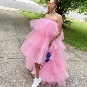 Trendy Baby Pink High Low Party Dresses Tulle Skirts Elastic Waist Ruffle Tiered Women Tutu Skirt Cocktail Prom Dress Maxi Tulle bottom 228B