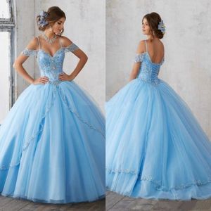 2021 Light Sky Blue Ball Gown Quinceanera Dresses Beads Spaghetti Sweet 16 Dress Soe Up Prom Party Dress Custom Made QC202101 350V