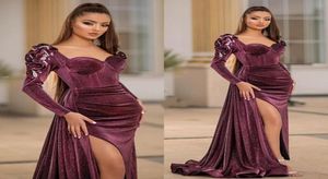 Sparkly Velvet Mermaid Evening Dresses Scoop Neck Long Sleeve Prom Gowns Plus Size Sexy Split Formal Party Dress7585124