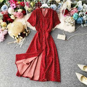 Basic Casual Kleider Korean Red Elegant Sexy Kleid Frauen 2024 Sommer- und Herbst V-Ausschnitt Polka Dot Midi Kleid geteilte Taillenkleid Vesidos de Fiesta Dressl2405