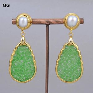 Dangle Earrings GG淡水培養白い真珠のゴールドエッジメッキグリーンジェイド彫刻パーティージュエリー女性の贈り物