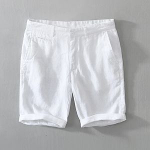 Pure Linen Shorts för män 2023 Summer Fashion Solid White Loose Holiday Man Casual Plus Size Button Fly Short Pants 240506