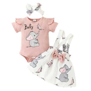 Clothing Sets Newborn baby girl set summer short sleeved printed elephant tight fitting suit bow tie skiing headband set 0-18 months oldL2405