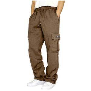 Men's Pants Autumn and winter plush sports and leisure pants for men with multiple pockets and loose work clothes tied with ropes. Mens pa Y240513TEKQ