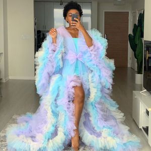 2020 Cute Colorful Women Tulle Robes Rainbow Tulle Dresses Bridal Maternity Ruffled Tulle Dress Long Sleeve Sheer Party Dress 2488