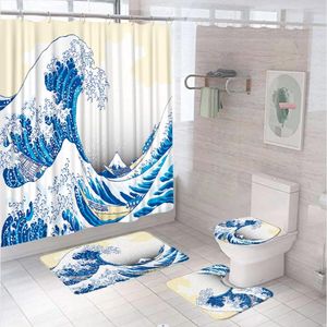 Duş Perdeleri Japon Asya sanat dalgaları perde seti kaymaz halı tuvalet kapağı banyo mat modern mavi okyanus deniz teknesi banyo ev
