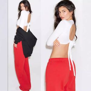 レディースTシャツkhy kylie year red slim fit backlessストレッチベースレッドホワイト